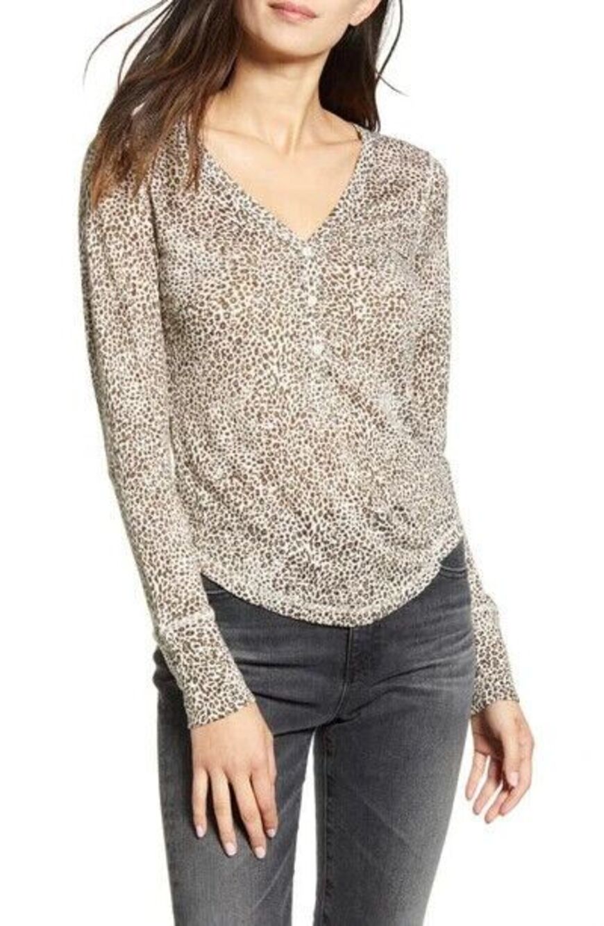 RAILS Womens Top Large Tan Pullover Leopard Henley Linen Blend JORDOUN JUNGLE